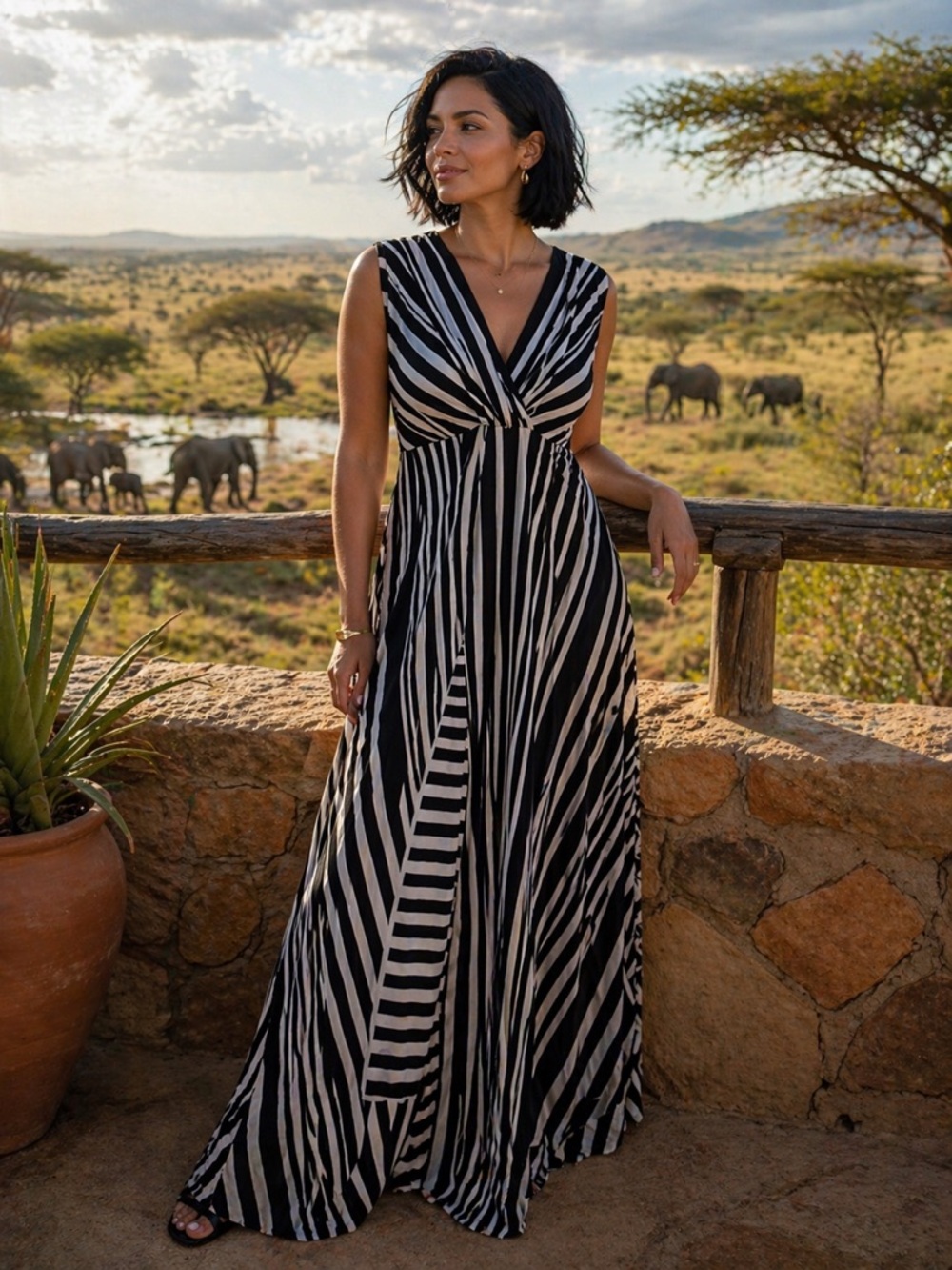 Kasper Black and White Striped V-Neck Maxi Dress - Picture 1 of 5